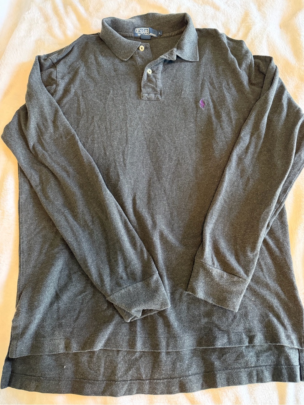 Ralph Lauren Long Sleeve Polo Shirt in Charcoal with Purple Logo